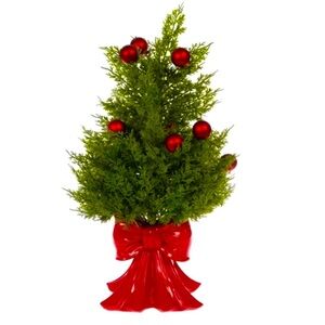 Artificial Cedar Tree w/ Red Vase Shaped Like A Bow & Ornaments, Ready to Ship